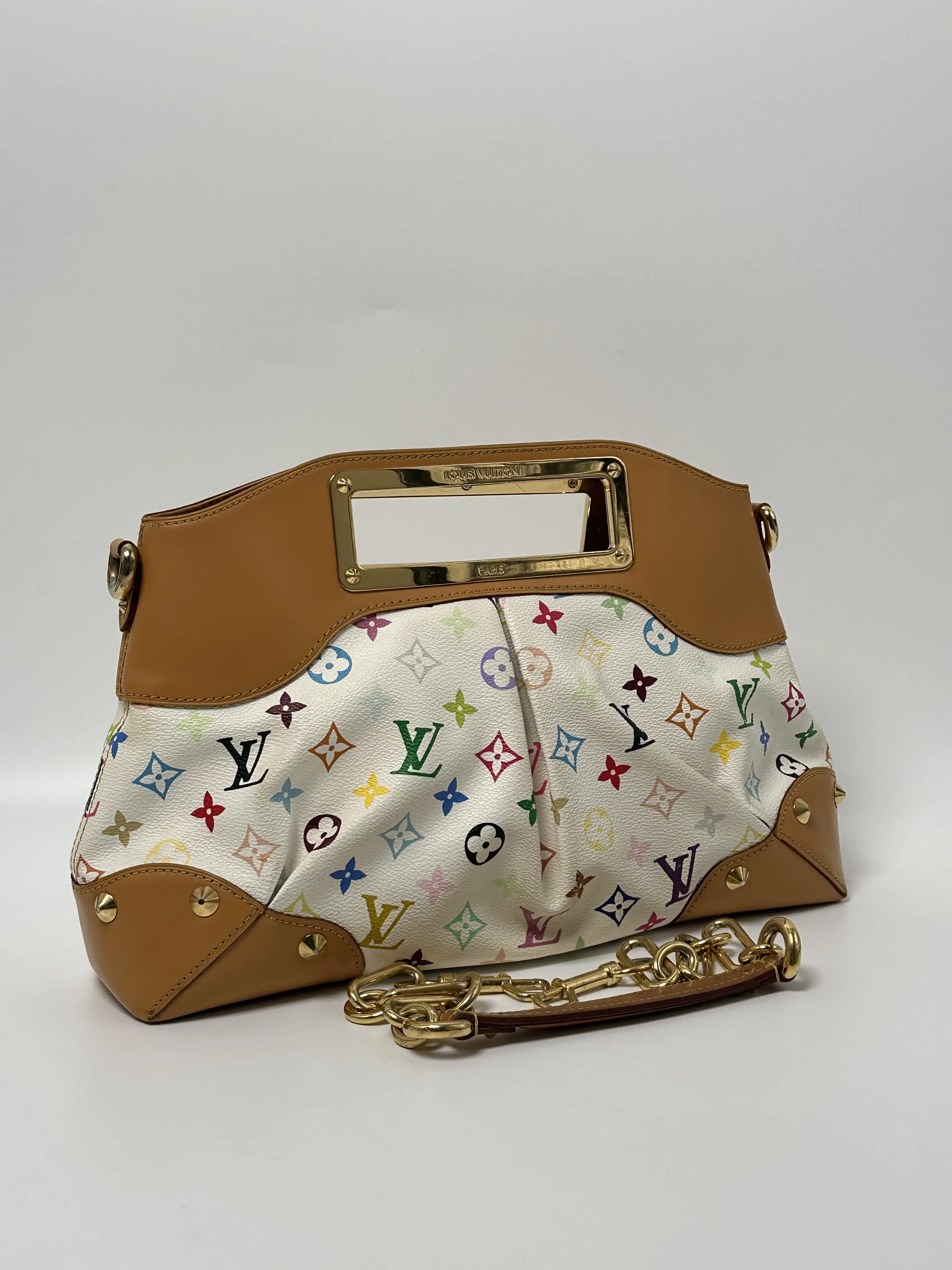 Pre-owned Louis Vuitton Canvas Shoulder Bags Monogram Multicolore Judy MM Chain Shoulder Handbag White JD735LV