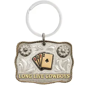 Long Live Cowboy Keychain | Hand Engraved German Silver Base | Jewelers Bronze Rope Edge | 2 SIlver Flowers | 4 Aces Emblem