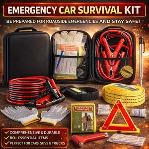 Car Roadside Emergency Kit, with Jumper Cables Automotive Kit,Car Safety Roadside Assistance Kit Headlamp,Tow Straps, Safety Hammers, Rainwear, Gloves.Black