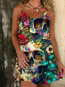 Plus Size Women's Skull Floral Print Fashion Summer Vacation Maxi Dress, Trendy Spaghetti Strap Dress for Beach & Parties