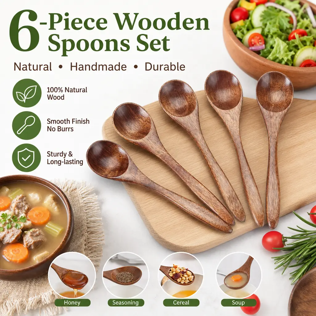 Small Wooden Teaspoon 6pcs, Mini Wood Spoons for Condiments, Honey Spoon, Salt Spoon, Sugar Scoop, Tiny Bamboo Serving Utensils for Cooking, Reusable Eco Friendly Kitchen Spoons for Daily Use Cutlery Tableware Canister