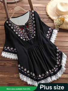 New Plus Size Bohemian Print Boho Short Sleeve Shirt, Batwing Sleeves Lace Patchwork Vacation Style Women's Top Thin Blouse for Summer Fashion