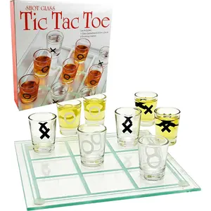 Tic-Tac-Toe, Three in Row Shot Glass Drinking Game with 9 Shot Glasses and Glass Game Board (10" x 10")