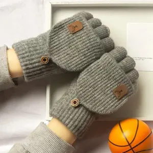 Knitted Fingerless Gloves Winter Thicken Warm Touch Screen Gloves for Men Women Half Finger Student Gloves in Navy Gray