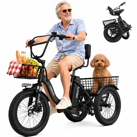 ESKUTE T300 Foldable Low Step-Thru Electric Trike for Adults - 1200W Motor, 624Wh 13Ah Battery, 18 inch 3.0 Fat Tires, 55 Mi Range, 18+ mph Speed, Rear Differential, Pedal/Assist/Throttle, Cargo Bike, Portable, 12 Months Compatibility, Labor Day Gift