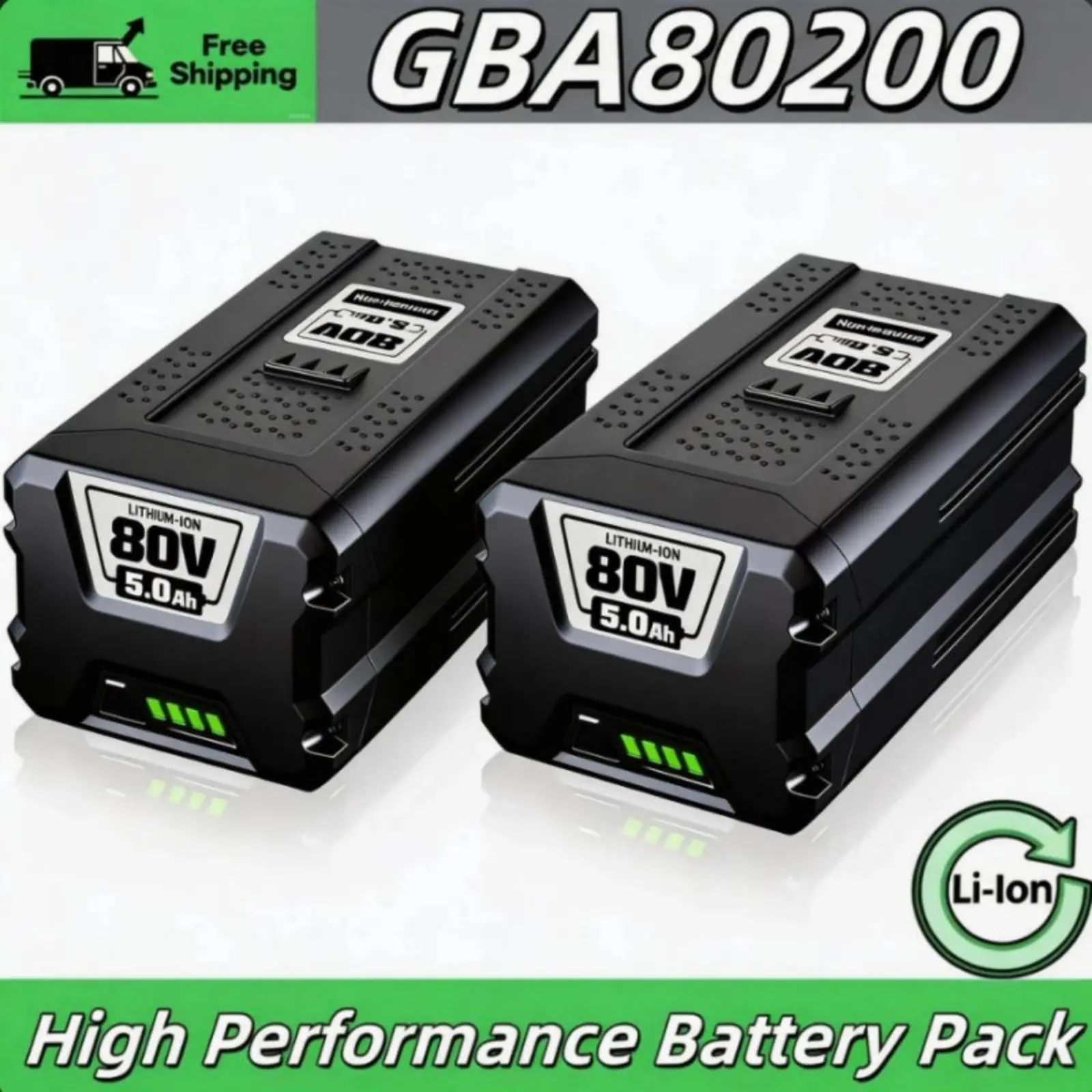2-Pack 80V 5.0Ah Lithium Rechargeable Cordless Battery, Compatible with Greenworks 80V GBA80200, GBA80250, GBA80400 Batteries, with LED Indicator Light, Lithium Rechargeable Battery