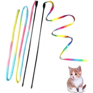 Wand Toys Interactive Kitten Toys for Indoor Cats Colorful Teaser Wand String for Exercise Kitten Stick Kitty Rope  Rainbow Ribbon  Charer -2Pcs