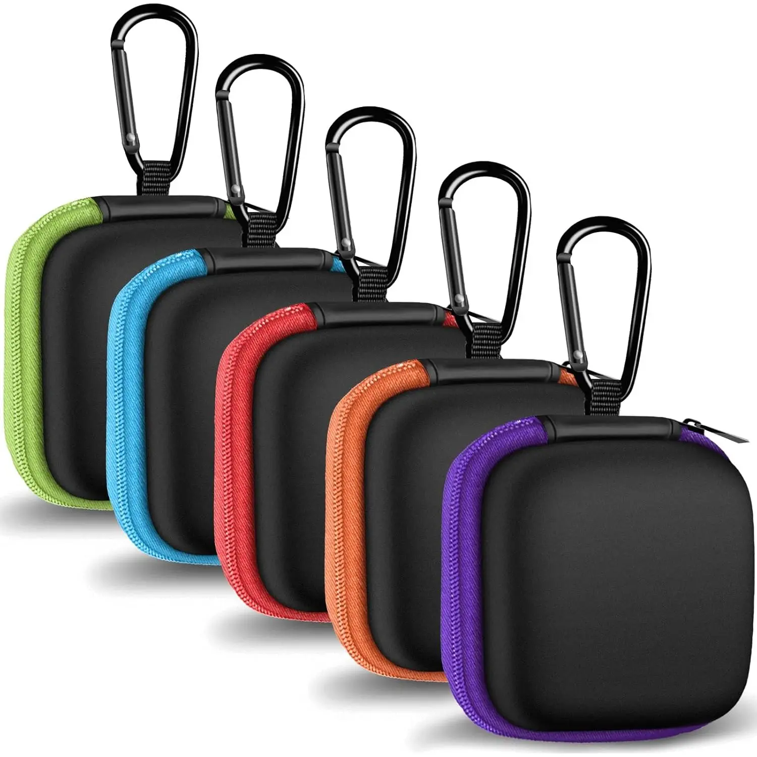 Z-PHP1 5-Pack Velvet Square Earbud Cases with Steel Carabiner, Portable EVA Protection Storage Bags for Headphones, SD/Camera Chips, Cell Phone Accessories Organizer (5 Colors)