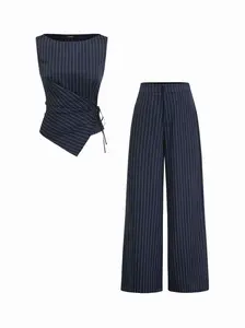 Cider Boat Neck Striped Wrap Knotted Top & Mid Rise Straight Leg Trousers Set