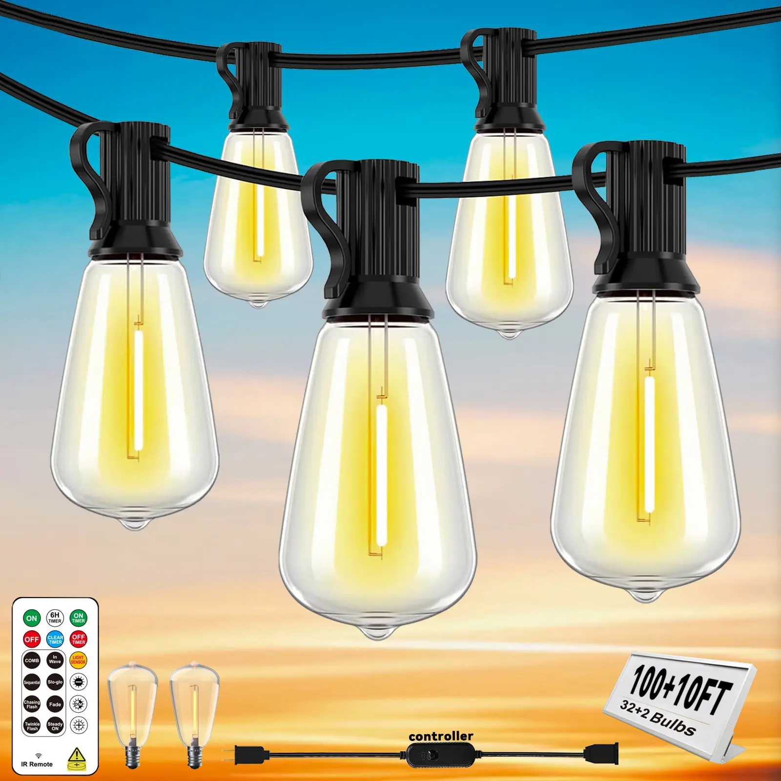 100+10FT LED Outdoor String Lights with Remote, Light Sensor Mode & DIY Timer, 32 Shatterproof ST38 Edison Bulbs, Waterproof & Weatherproof for Patios, Gardens, Energy-Saving, Connectable