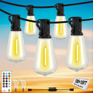 SINAMER 100+10FT LED Outdoor String Lights with Remote, Light Sensor Mode & DIY Timer, 32 Shatterproof ST38 Edison Bulbs, Waterproof & Weatherproof for Patios, Gardens, Energy-Saving, Connectable