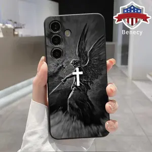 Christian Aesthetics Cross Judgement Angel Pattern Straight Edge Phone Case Compatible with Galaxy S23 Ultra S24 Plus S25 S22+ Shockproof Non Slip Military-Grade Protection Liquid Silicone Cover Smartphone Casing