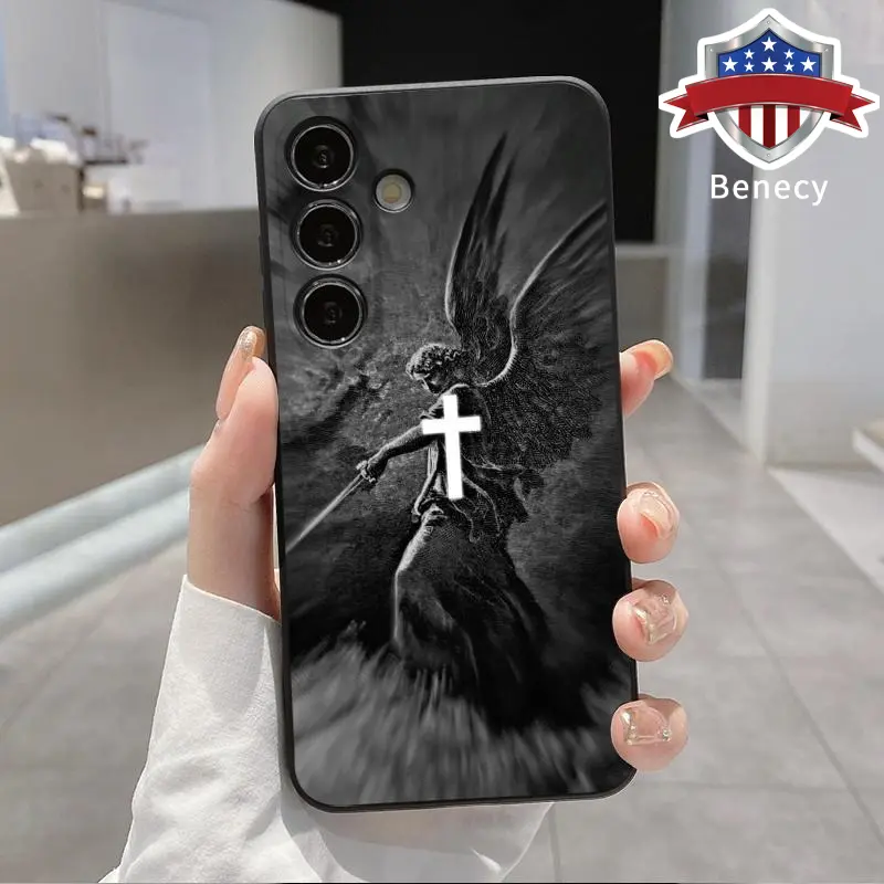 Christian Aesthetics Cross Judgement Angel Pattern Straight Edge Phone Case Compatible with Galaxy S23 Ultra S24 Plus S25 S22+ Shockproof Non Slip Military-Grade Protection Liquid Silicone Cover Smartphone Casing