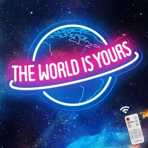 The World is Yours Neon Sign with Remote Dimmer, Ice Blue   LED Neon Light Lamp for Wall Decor, Man Cave  Bar  Room Bedroom Birthday  Graduation Party