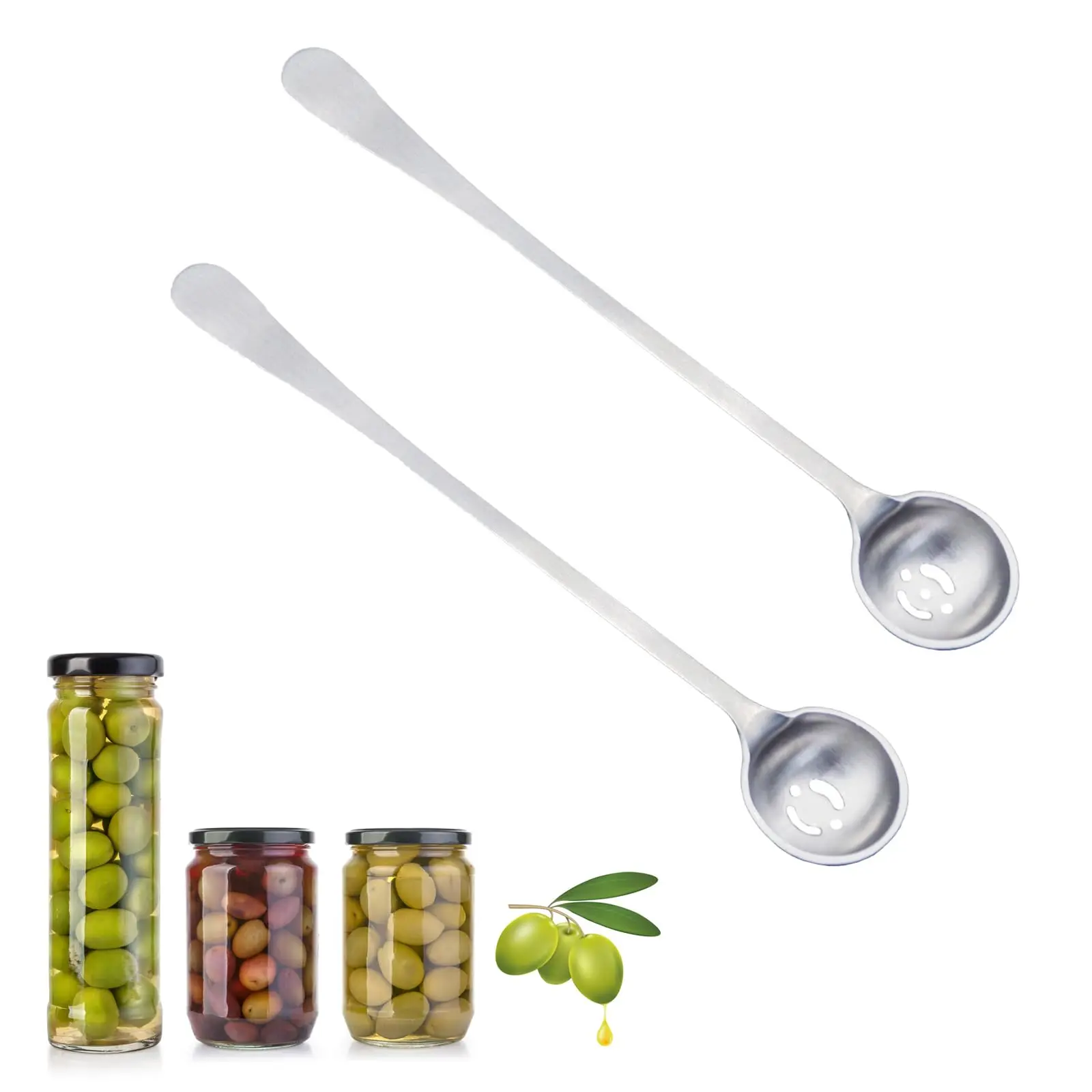 2 Olive Spoons With Holes  Stainless Steel Spoon For The Jar Long Handle Pickle Drain Hole