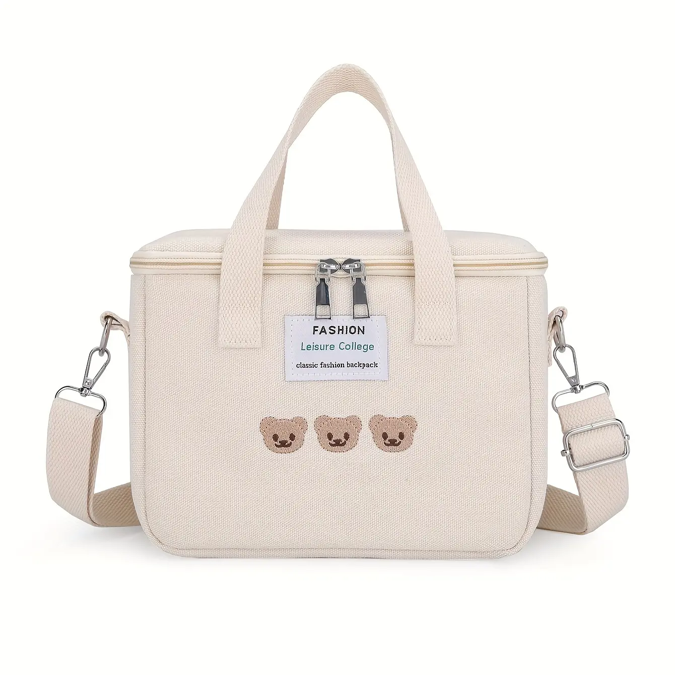 Embroidered Bear Diaper Bag for Parents - Large Canvas Tote with Shoulder Strap, Metal Clasps, Durable & Textured Appearance, Stroller-Fit Organizer, Lightweight Handbag for Travel, Outdoors