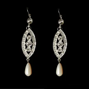 Zircon Crystal and Pearl Drop Earrings in Silver Tone by Mordekai