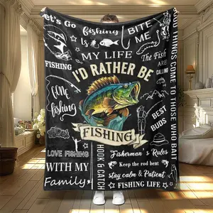 Letter & Fish Pattern Blanket, 1 Count Casual Soft Warm Throw Blanket, Air-conditioned Room Blanket, Warm Nap Blanket for Home & Office, Slogan Print Blanket