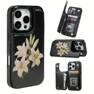 Prison White Lily Element Pattern Leather Card Holder Phone Case, Suitable for iPhone 17 Air/16 Plus/15 Pro Max/14 Pro/13/12/11/XS Max/X Phone Case, Best Choice for Thanksgiving Christmas Gifts for Family Friends Lovers Boyfriend Girlfriend