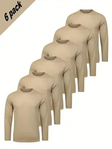 Men's 6-Piece Solid Long Sleeve Tight Fit Shirts, Quick-Dry Breathable Stretchy, Spring & Fall Casual Innerwear, Gym Training Daily Wear, Athletic Training Apparel