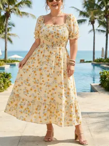 Plus Size Women's Ditsy Floral Long Dress, Square Neck Bubble Sleeve Ruched Design, Bohemian Boho Summer Beach Dress, Casual Fashion, Womenswear
