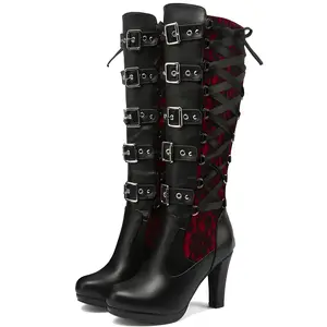 Women's Lace Gothic Knee High Boots with Buckle Style Thick Heel Lace Up Punk Thick Soled High Fashionable Party Dress Shoes