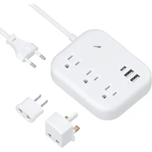 European Travel Plug Adapter,  EU/UK/ Travel Power Strip with 3 Outlets 3 USB Ports, International Universal Plug Adapter with 3ft Extension Cord to EU UK  Spain France  Cruise