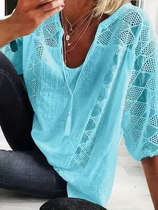 [High-Quality Plus Size Tunic] Plus Size Women's High-Quality 3/4 Sleeve Lined Tunic Top | Light Gray V-Neck Casual Loose Fit Shirt with Geometric Eyelet Detailing, Autumn Tee for Layering or Standalone Outfits, L-5XL, Relaxed Fit, Asymmetrical Design, Ma