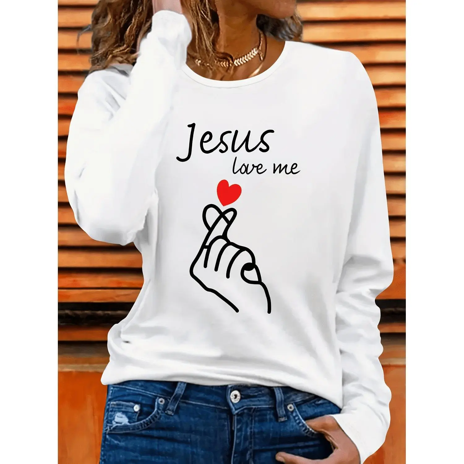 Womens Sports Sweatshirt Long Sleeve Top with Finger Heart Jesus Love Me Print Casual Athletic Style Medium Stretch Knit Fabric Pullover