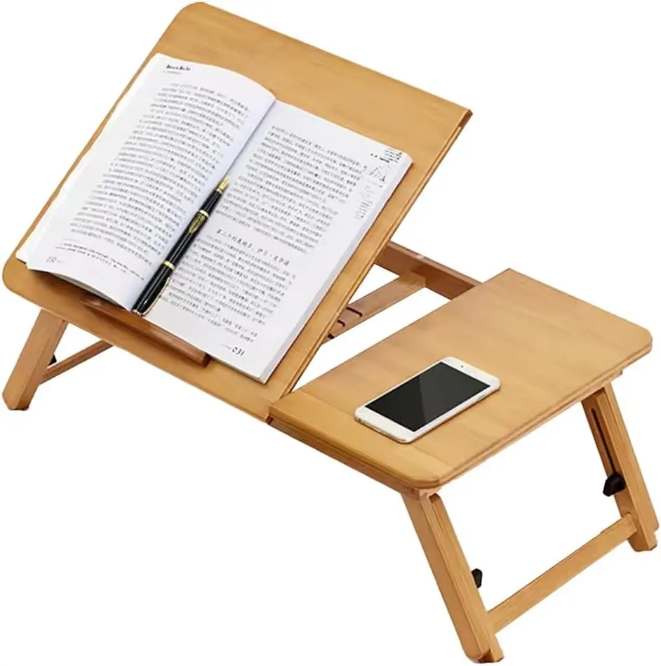 Retractable Bamboo Adjustable Folding Lap Desk - Collapsible Woodgrain Laptop Tray Table with Adjustable Height and Angle, Portable Folding Table for Bed, Sofa, Folding Tables