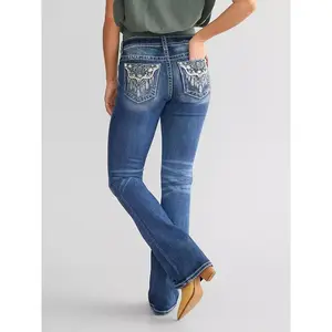 Embroidered tight height waisted denim pants flared pants high rise Comfort Womenswear Bootcut Jeans for Women Embroidered Mid Rise Curvy Jeans Stretchy Tummy Control Flare Denim Pants with Pockets Stretchy Criss Cross Graphic Curvy Bell Bottom Jeans
