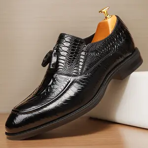 Large size men's crocodile pattern brick leather shoes - Fashionable British style formal wear shoes, top layer cowhide, square toe, low heel, perfect for business and party 60808