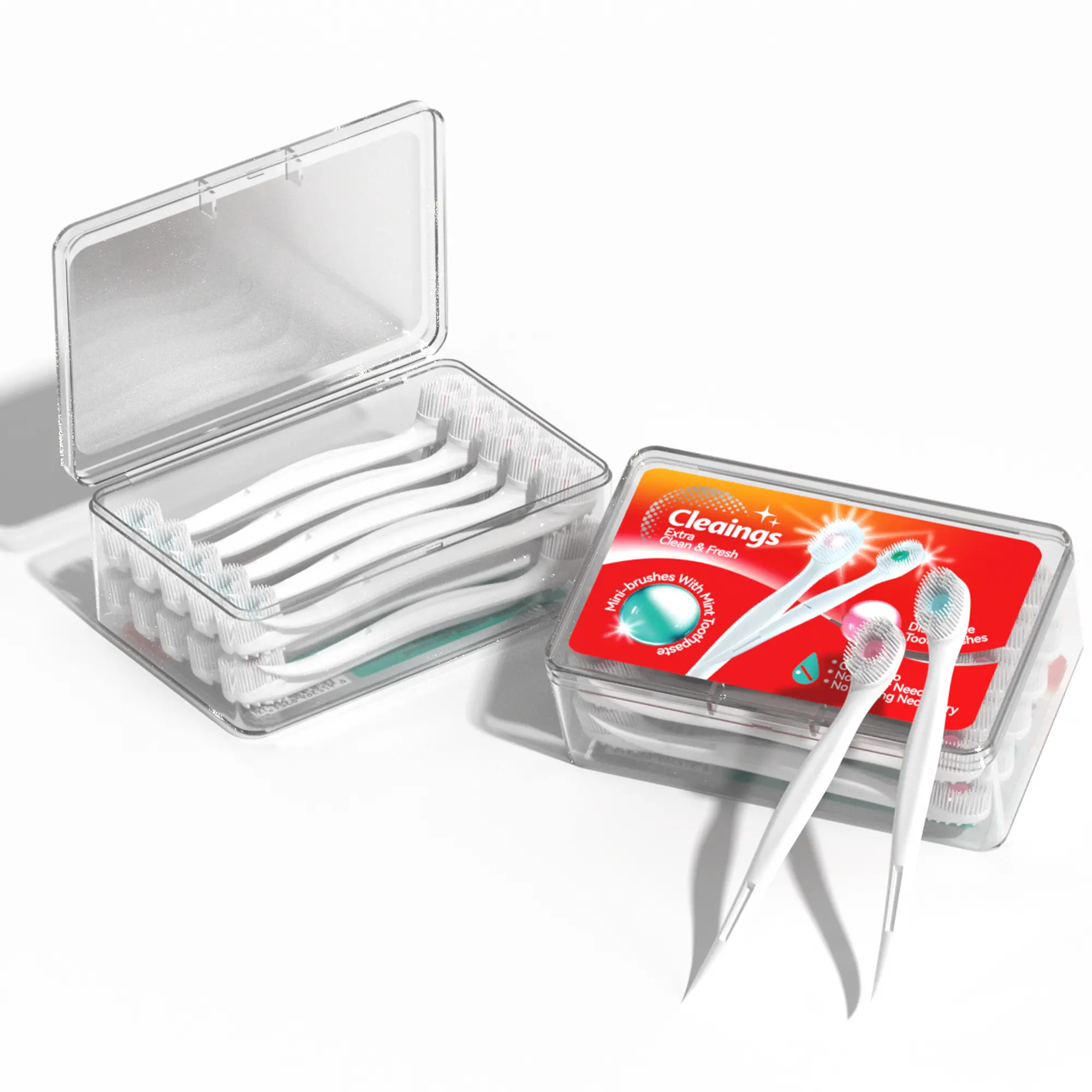 CLEAINGS 48-Pack 4-Piece Multipurpose Brush Oral Care Tool Set - Portable Mini Capsule Mouth Care Kit, Soft Bristle Toothbrush, 80g Fresh Mint Toothpaste, Cleaning Stick, Tongue Scraper for Travel