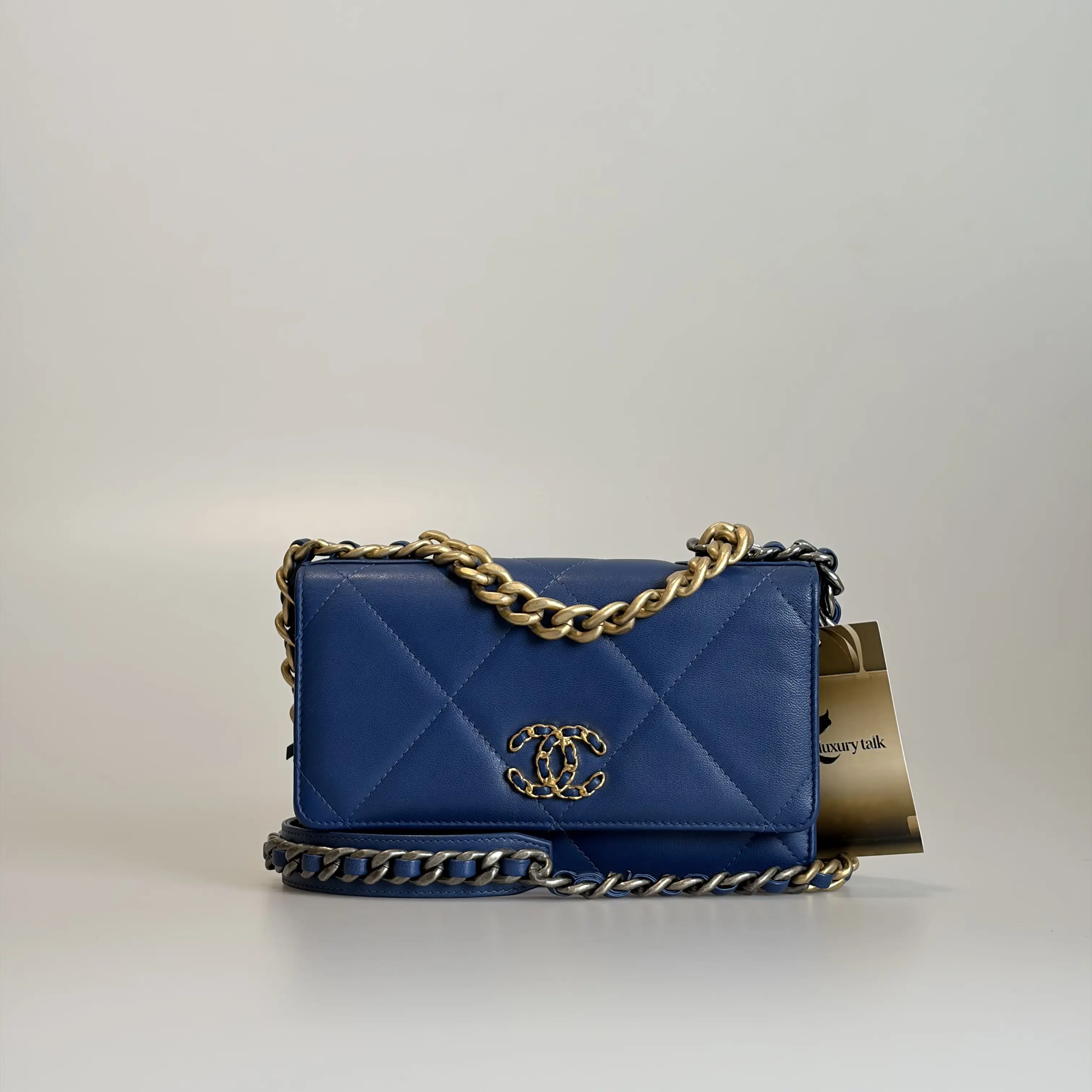 Pre-owned CHANEL Lambskin Crossbody Bag 19 Bag WOC Blue Quilted Gold Tone Hardware Two Tone Gold & Silver Chain 55473955 Sold As Is / Final Sale