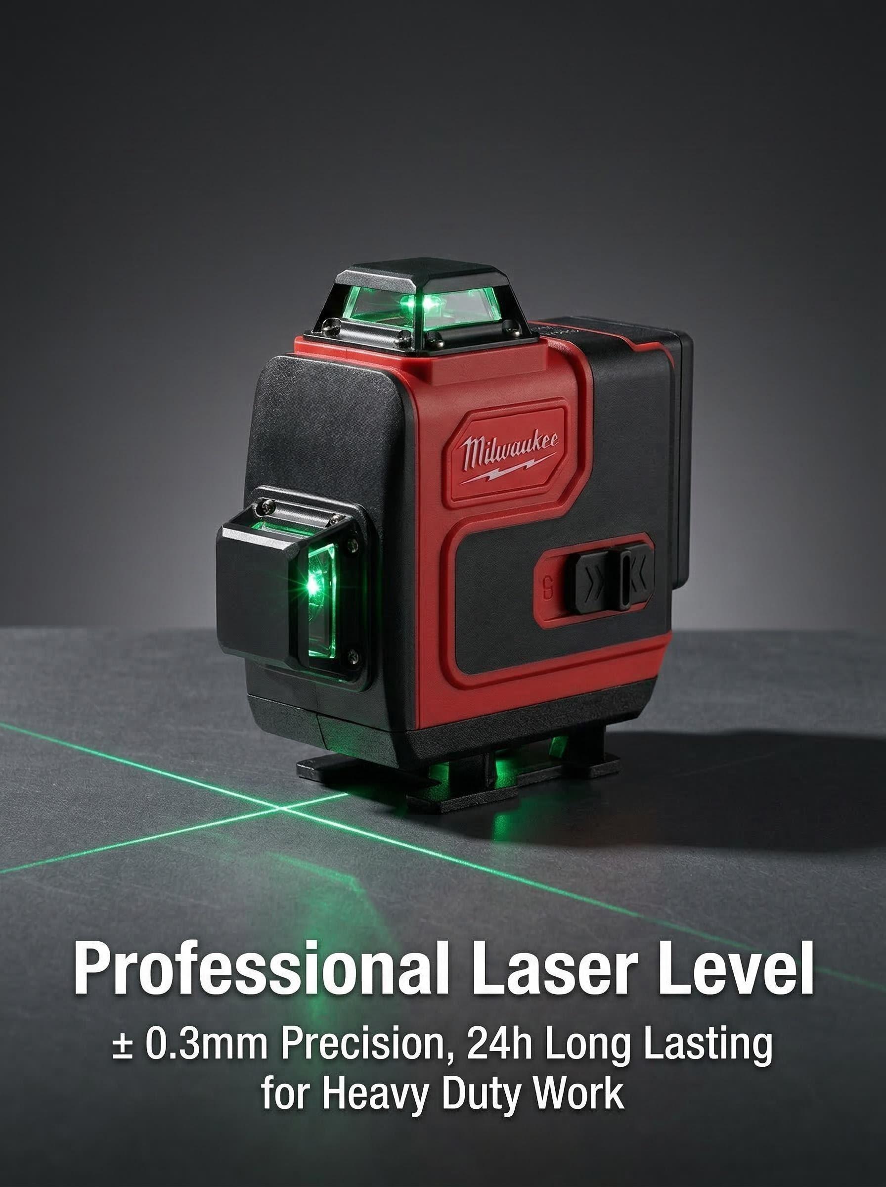Milwaukee 16 Line Laser Level For Construction Layout And Interior Installation Measuring Tool ±0.3mm Accuracy Long Runtime Dual Power Supply