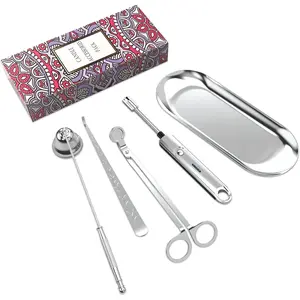 5Pcs Candle Accessory Set with Rechargeable Electric Lighter Storage Tray Wick Trimmer Snuffer Dipper Stainless Steel Care Kit with Gift Package for Candle Lovers Silver