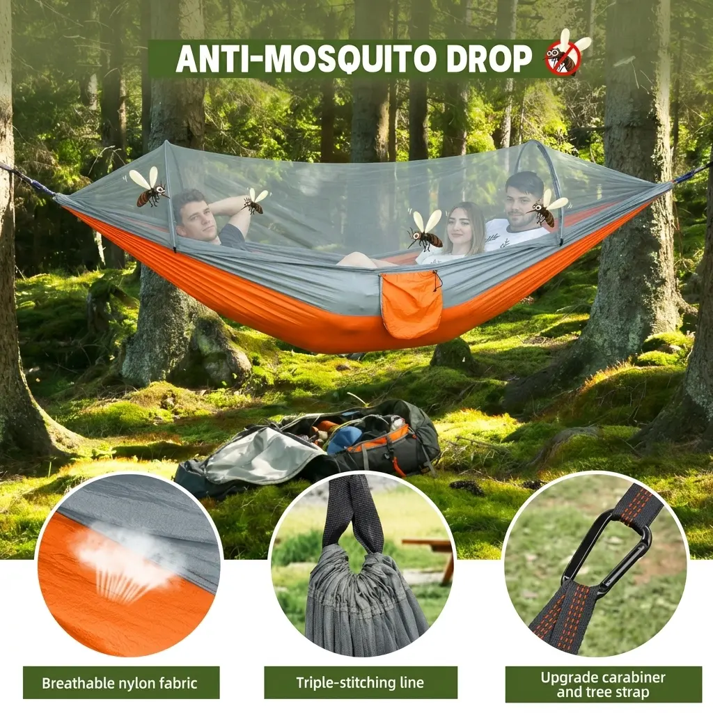 Auto-Popup Camping Hammock with Mosquito Net, Heavy-Duty 210T Parachute Nylon, 1322lb Capacity Backpacking Gear with Shape-Memory Poles for Outdoor Sports