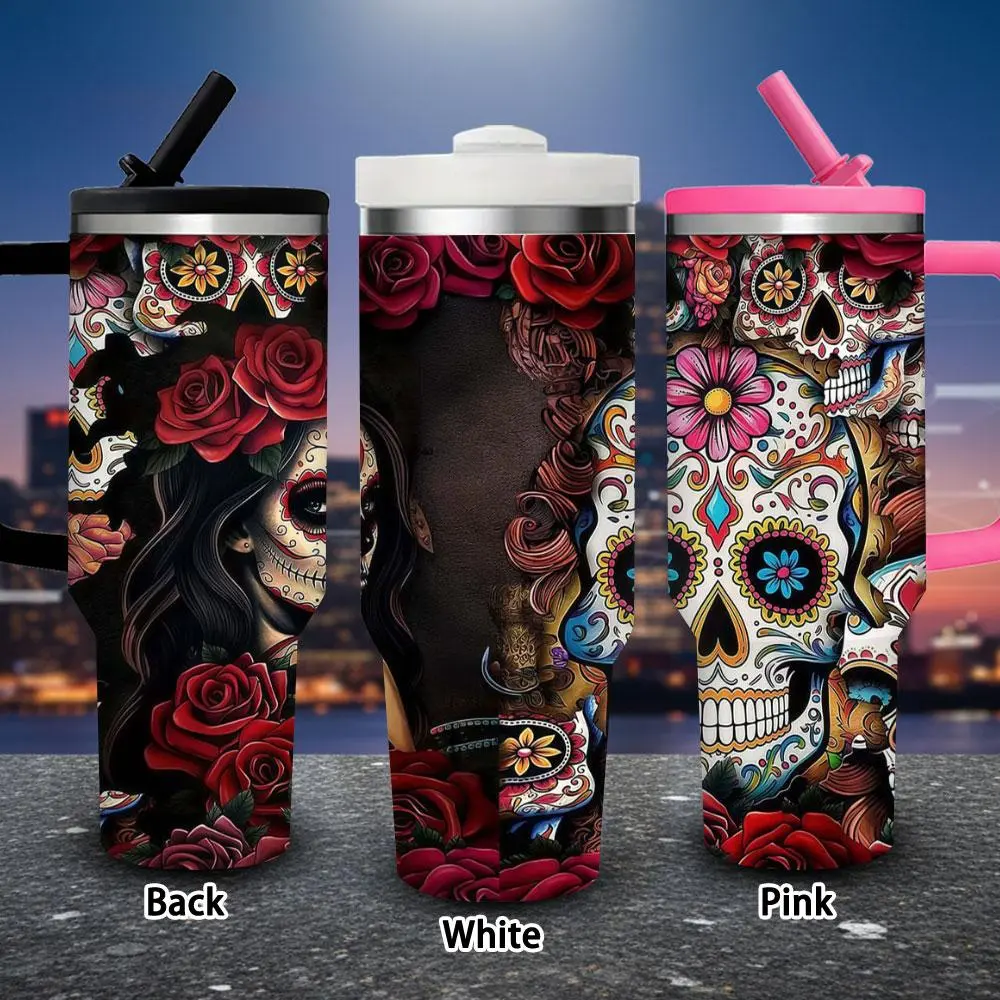 1 pc 40 oz Day of the Dead Art-Style Sugar Skull & Rose Insulated Travel Flask with Lid & Straw, Winter Kitchenware Drinkware for Iced/Hot Coffee, Ideal Gift for Women (Valentine’s Day, Birthday), Flasks