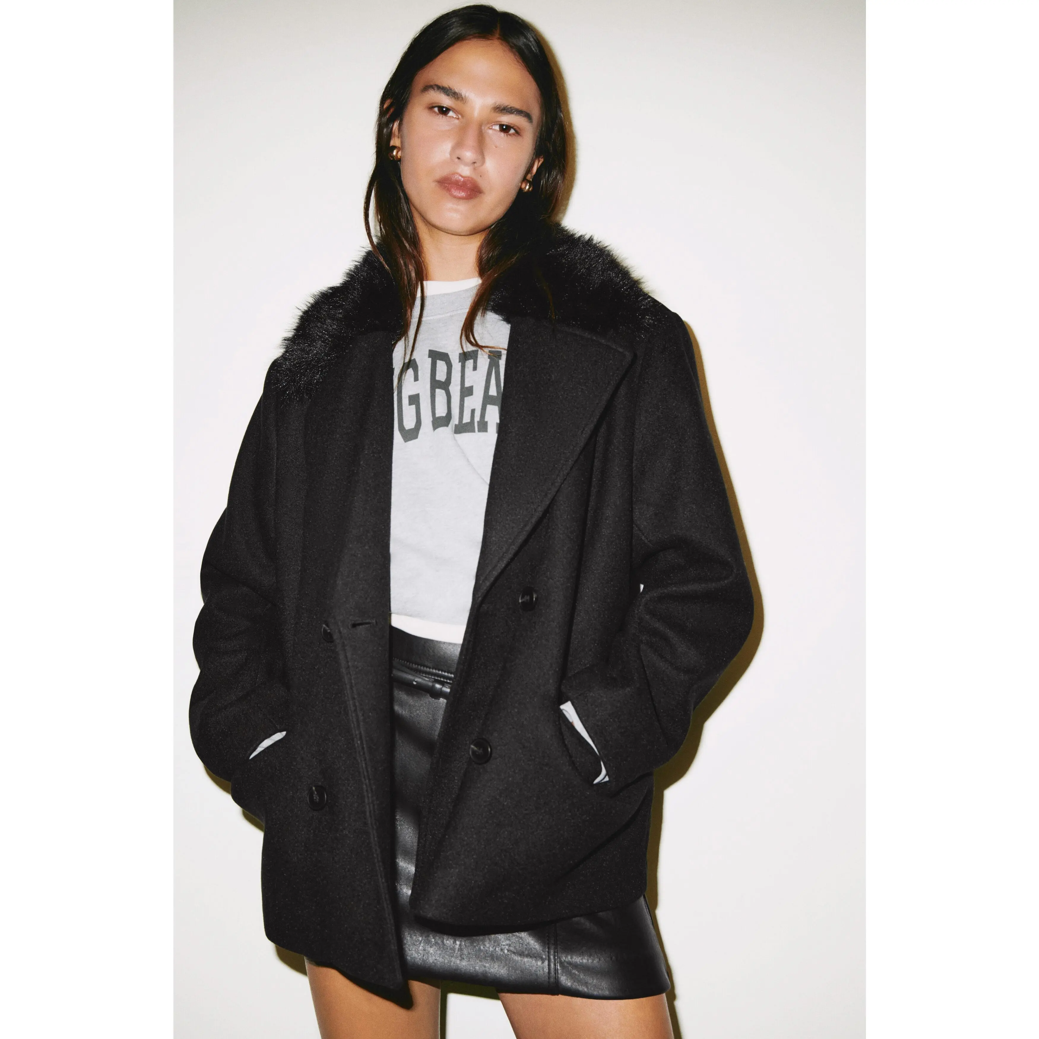 H&M Fluffy-collared pea coat H&M Fluffy-collared pea coat
