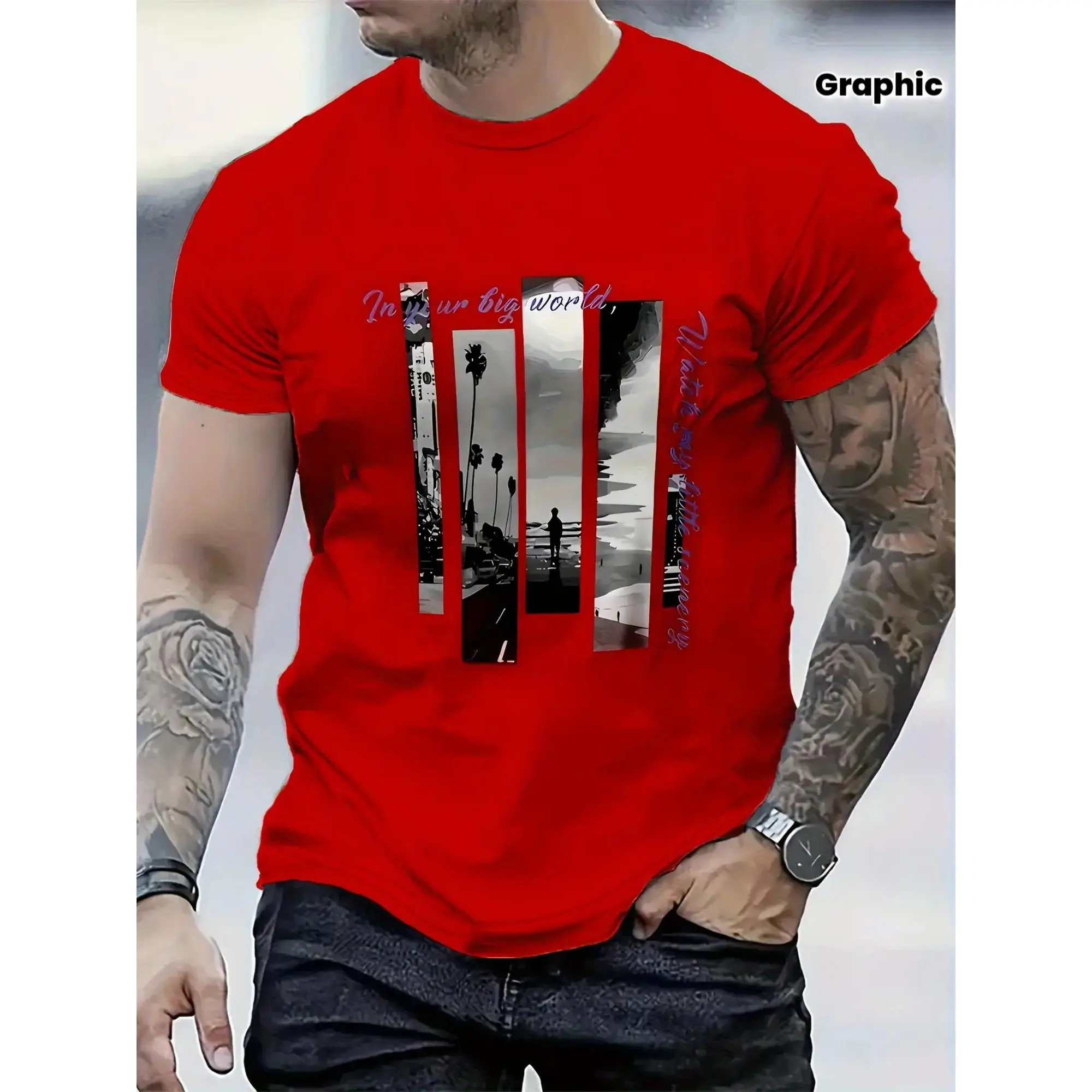 Men'S Stylish Red Graphic T-Shirt - , Short Sleeve Crew Neck, Comfort Fit for All Seasons, Casual Streetwear with Palm Tree & "In Your Big World" Design, Everyday Tshirt |     Bold Graphic Tee |     Smooth Texture Fabric graphic tee #Summervibes