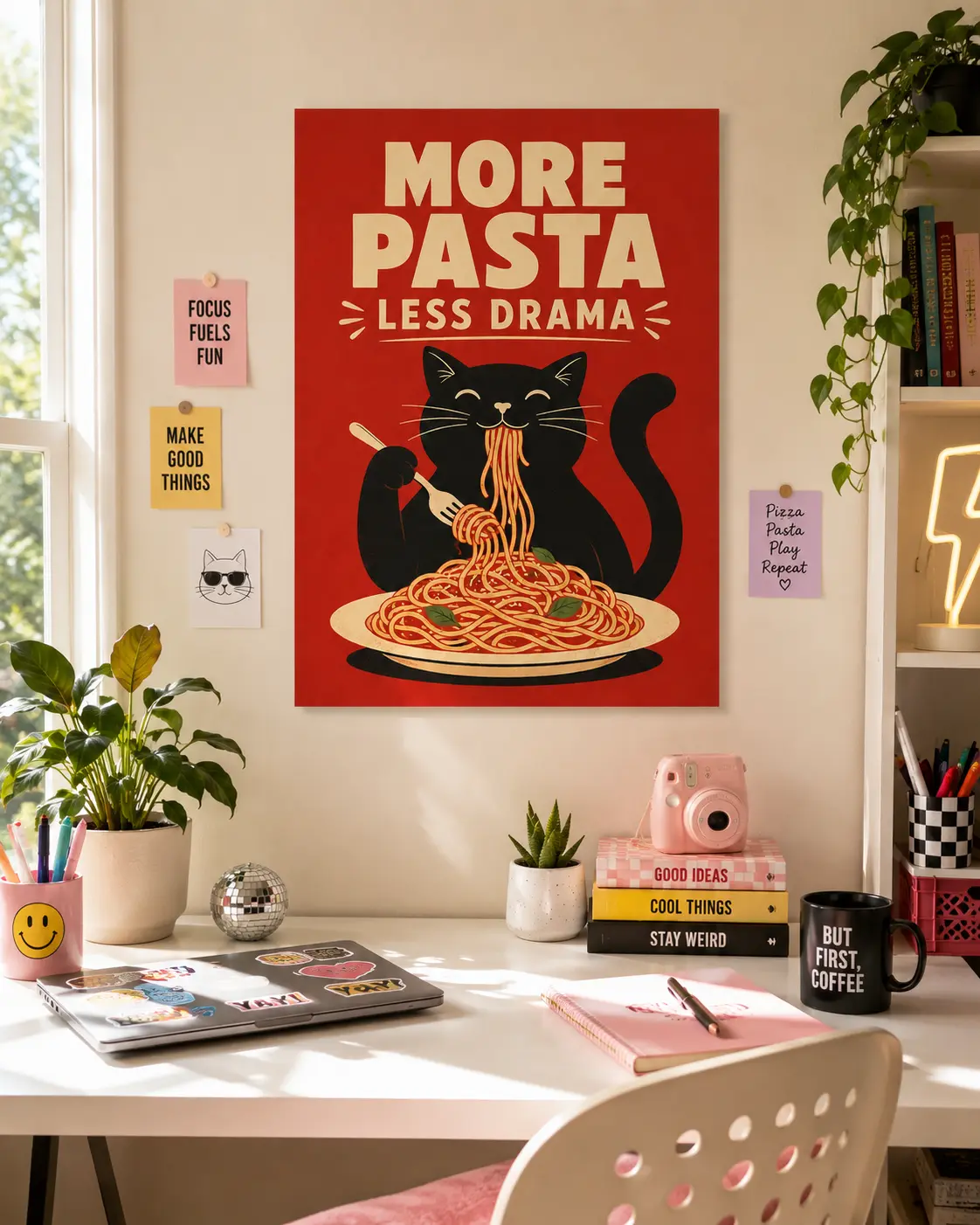 More Pasta Less Drama Cat Poster, Funny Kitchen Wall Art, Retro Black Cat Spaghetti Print, Humorous Food Quote Decor, Unframed Vintage Dining Room Artwork Gift for Cat Lovers