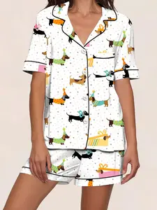 Spring Summer Women's Fitted Sleepwear Pajama Loungewear Set, Open Front Lapel Short Sleeve Shorts, Polka Dot Sausage Dog Gift Box Full Print