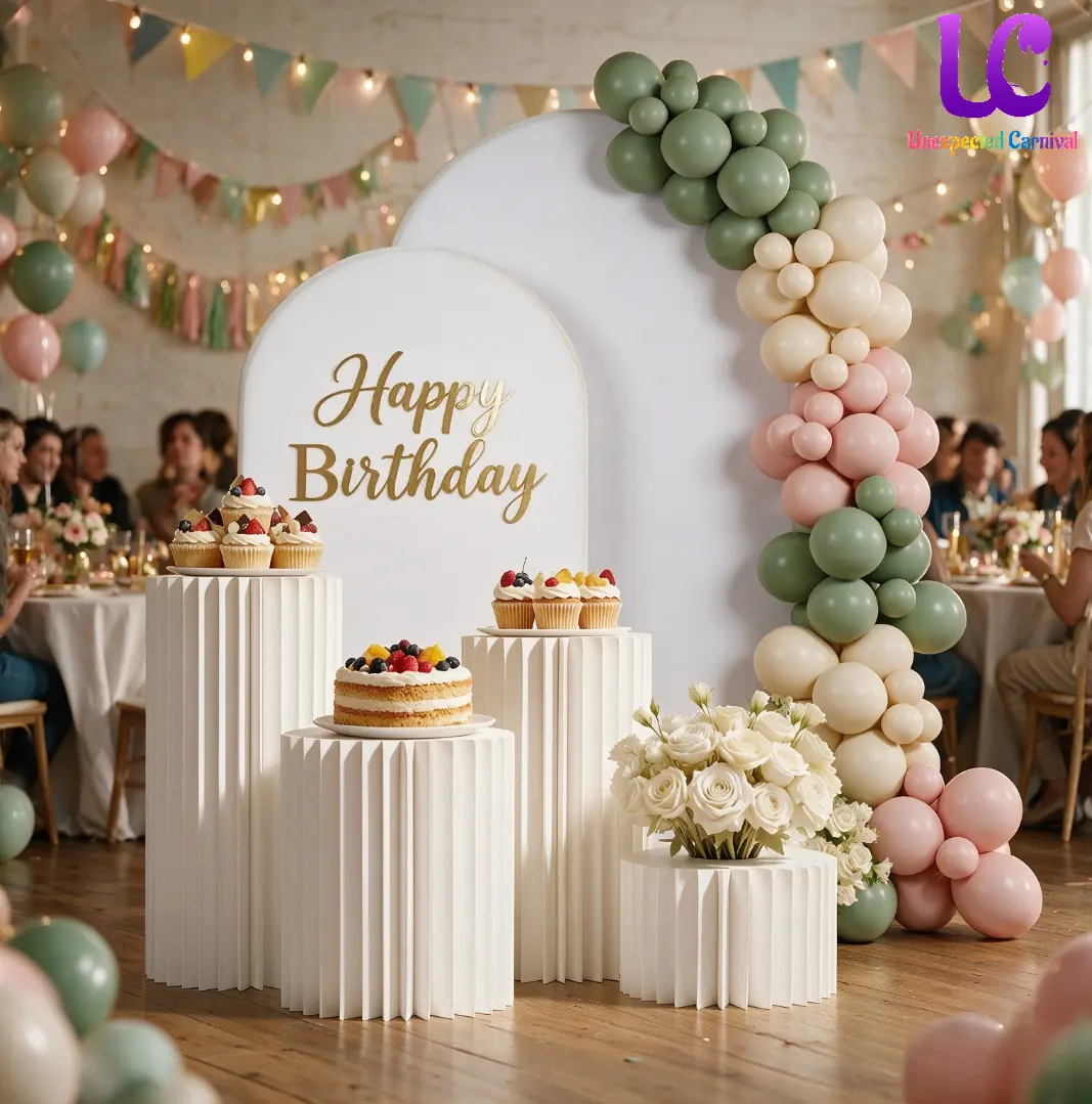 UNEXPECTED CARNIVAL 3-Sec Quick Setup Birthday Display Set - Foldable Paper Cylinders with Arch Backdrop, Portable Birthday Dessert Table & Photo Prop