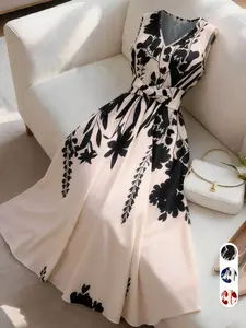 Women's Fashion Casual Chic Sleeveless Floral Print Dress, Waist-Cropped Flare Skirt, Summer Vacation, Office, Beach, Graduation Party