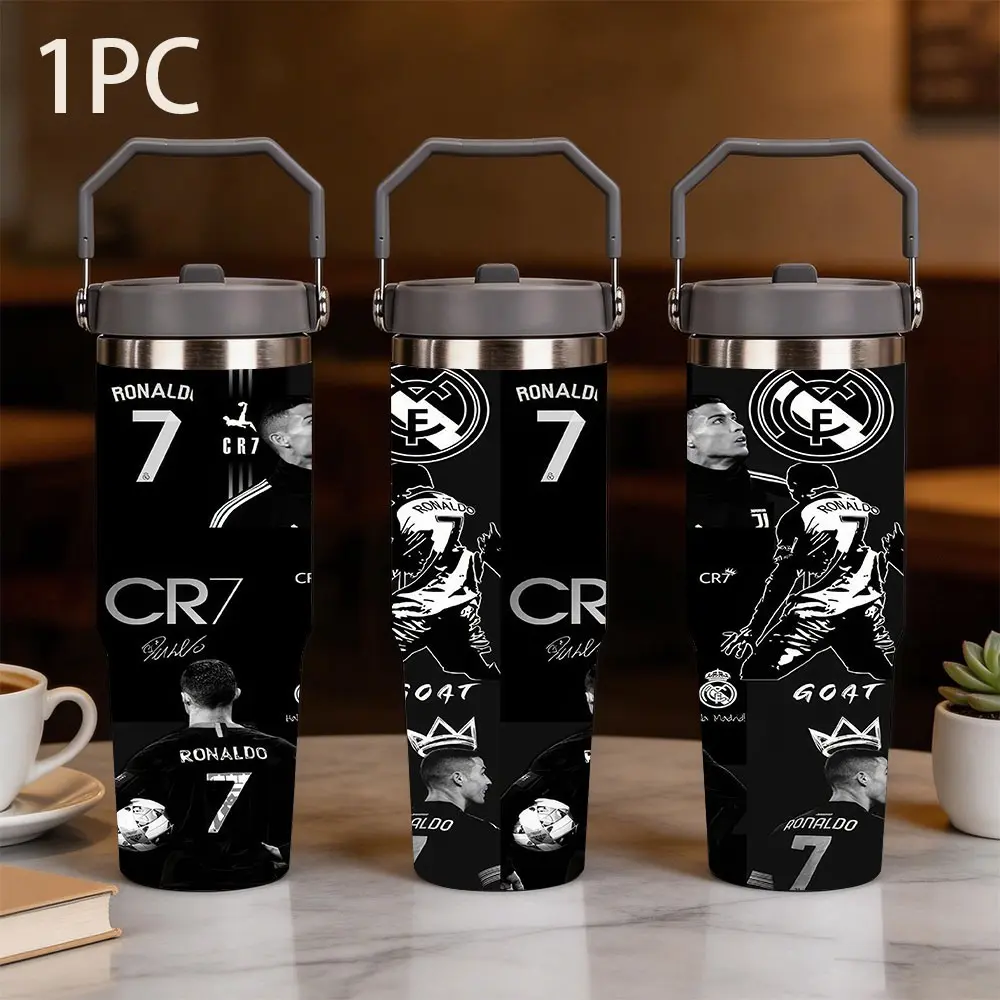 1pc 30oz Large Capacity Portable Tumbler with C Ronaldo Theme Pattern, Dark Grey Sealed Lid with Square Handle, Stainless Steel Insulation, Practical Commemorative Trendy Insulated Vacuum Drinkware, Suitable for C Ronaldo Fans