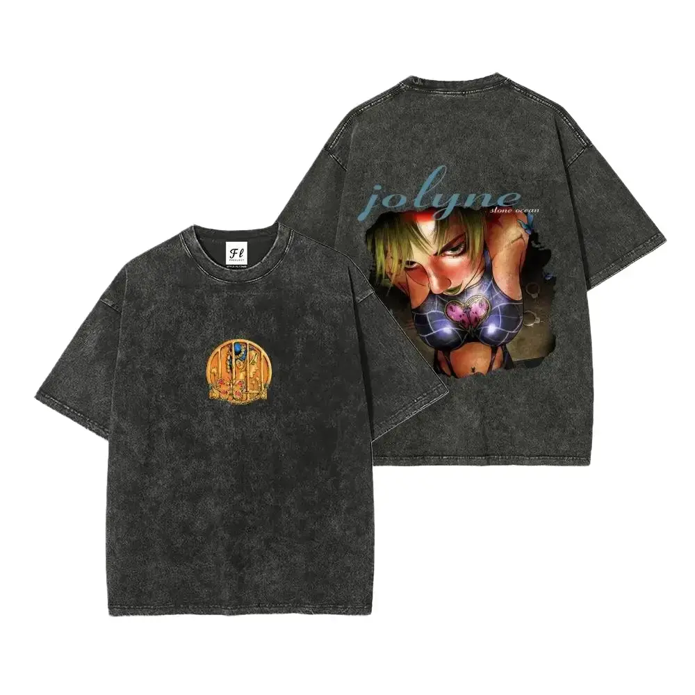 Valentine Shirts JoJo's Bizarre Adventure Stone Ocean Jolyne Kujo Vintage Washed T‑Shirt, Unisex Retro Cotton Short Sleeve Graphic Tee, Oversized Anime Streetwear Casual Top, Perfect Gift for JoJo Fans Men Women Printed Sweatshirt