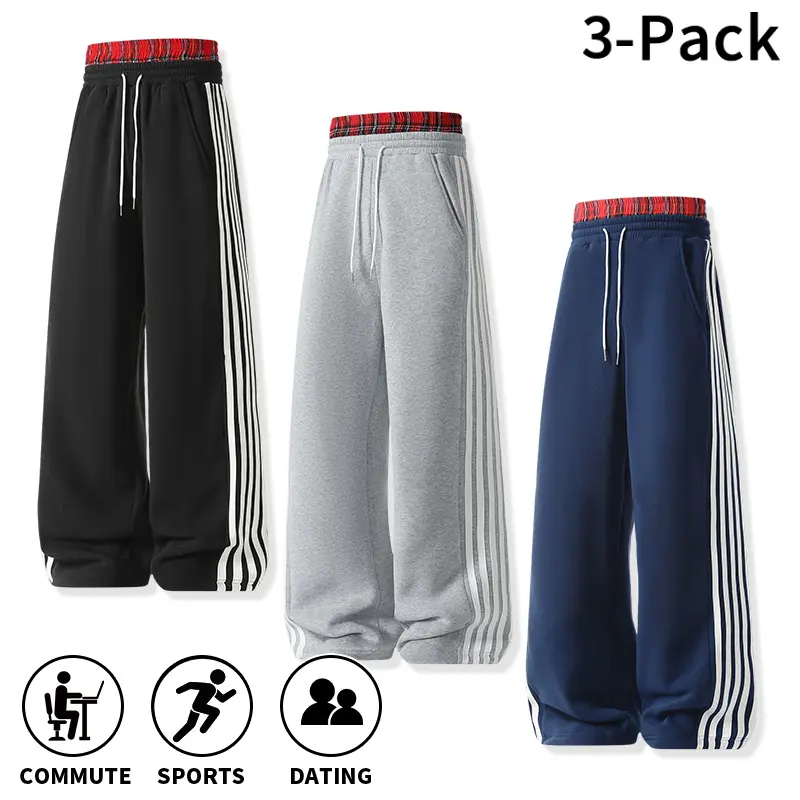 Fall Winter Men’s Striped Wide Leg Sweatpants For Trendy Young Males, Loose Non Tapered Jogger Trousers Perfect For Gym Training, Casual Dating & City Commuting, Unique Plaid Layer Waist Design Soft Cozy Pants  > fit bottom,versatile,y2k