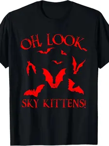 Funny Bat Lover Gothic Horror T-Shirt for Men & Women |   Oh Look Sky Kittens! Slogan with Red Bat Silhouettes - 100% Relaxed Fit Short Sleeve Round Neck Tee - Unisex Casual Wear & Halloween Party Outfit, Plus Size