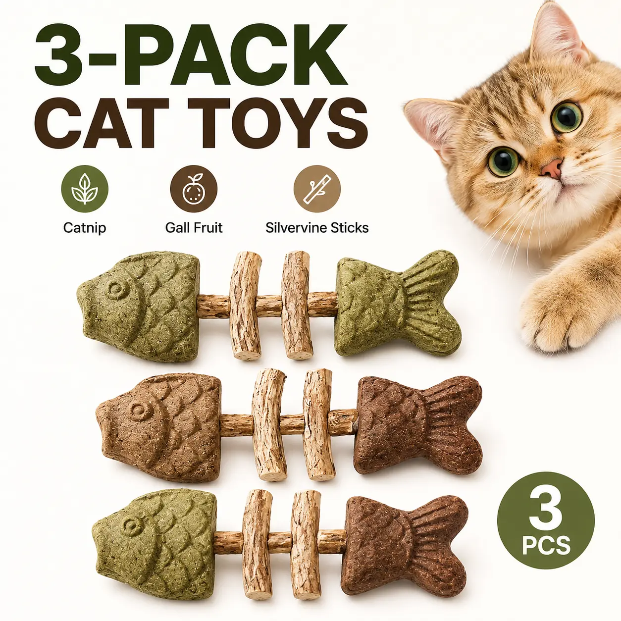 Organic Fish Shape Wood Cat Toy with Dual Aroma Catnip-Silvervine - Interactive Dental Chew Sticks for Teeth Clean, Breath Freshening, Stress Relief for Cats