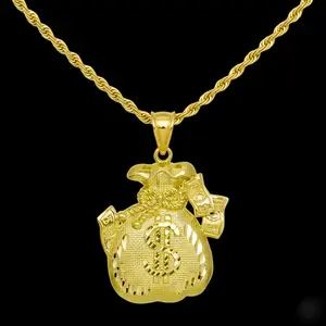 High-End Brass 14K Gold Plated $ MONEY BAG Pendant Charm & 3mm 18" 20" 24" Rope Chain Necklace - High Quality Polished